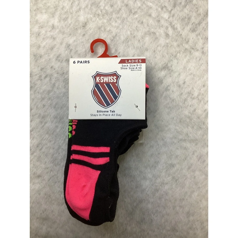K-Swiss Womens 6 Pair No Show Foot Liner Socks Black Neon Silicone Tab KSSKL0174